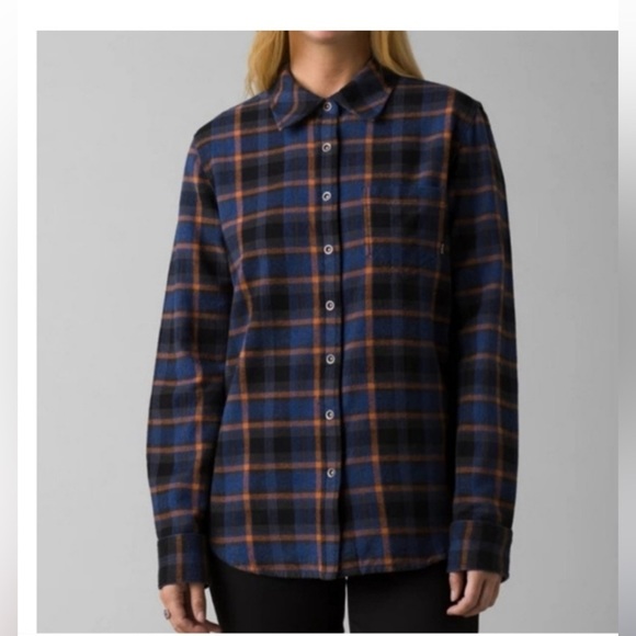 NWT PrAna Golden Canyon Blue/Burnt Orange/Black Snap Flannel Rich Sapphire - Picture 1 of 13